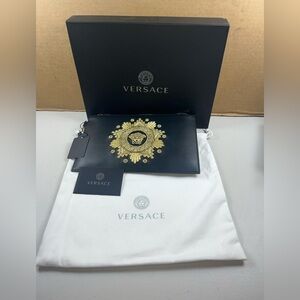 VERSACE NEW Italian Leather Wristlet with box + card + dust bag